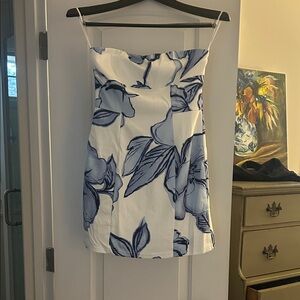 Floral Strapless Dress in White and Blue